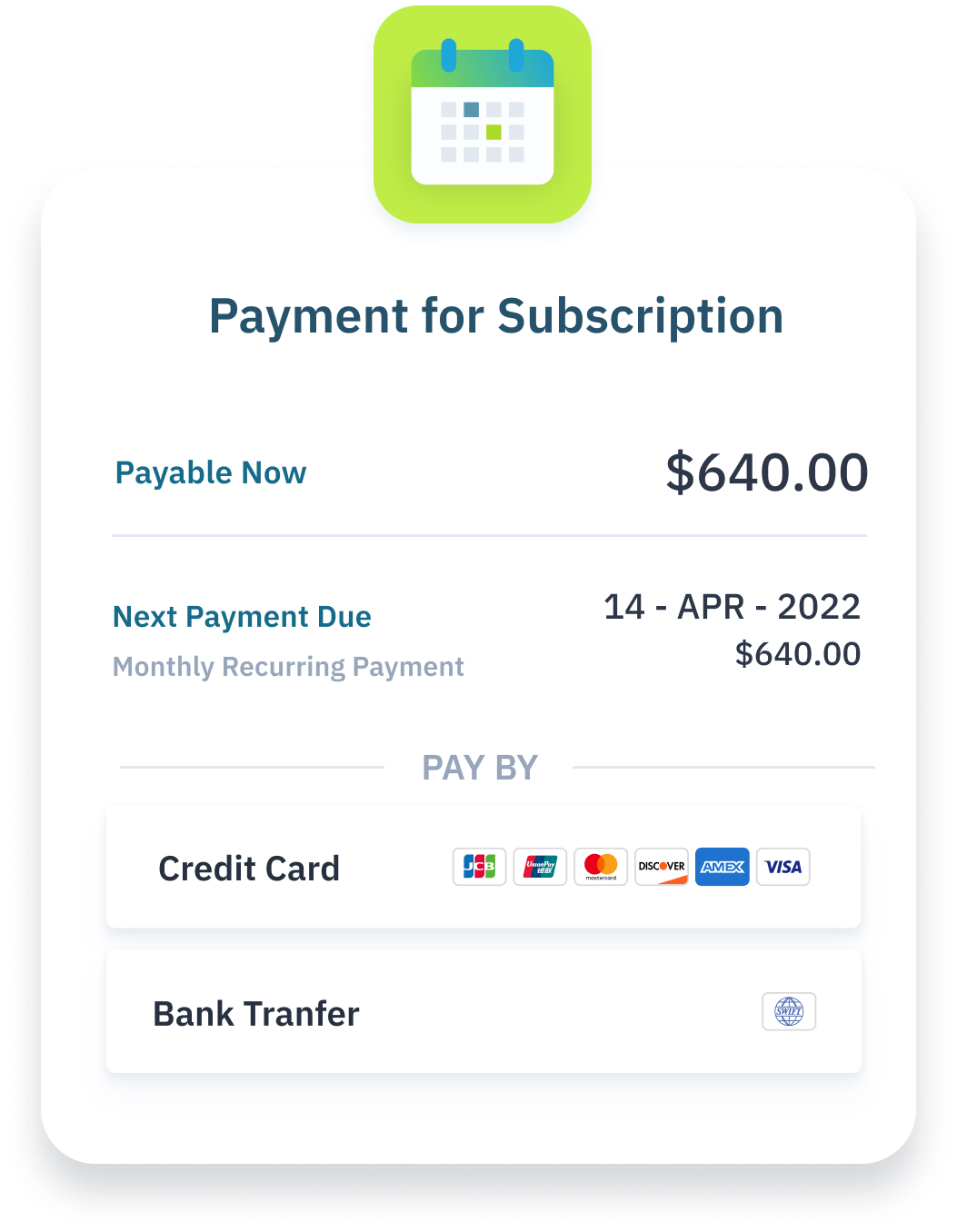 make recurring payments with bank direct debit and credit cards